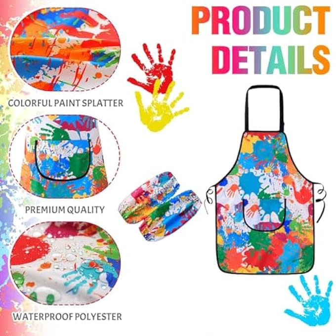 Mumoo Bear Kids Painting Aprons Set, Toddler Painting Apron with Pocket and 2 Sleeves, Adjustable Waterproof Children Artist Apron, Age 3-6 Years Boy and Girl for Craft, Eating, Cooking, Drawing - Image 5