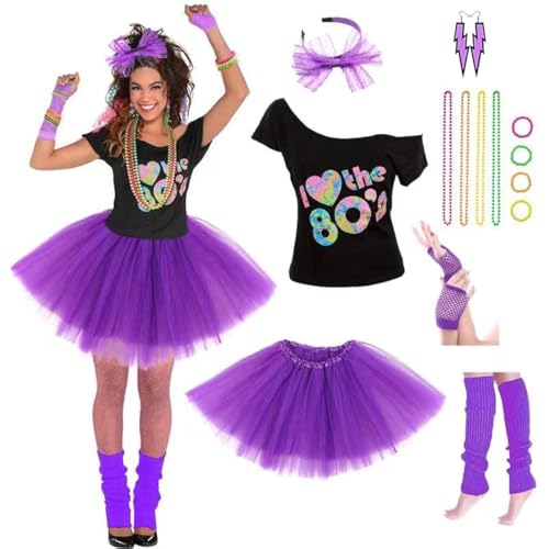 Leadtex Women's 80's Costumes with Accessories Set Purple Tutu Skirt Earrings Necklace Bracelets Fishnet Gloves Legwarmers Headband Small(2-4) … - Image 1