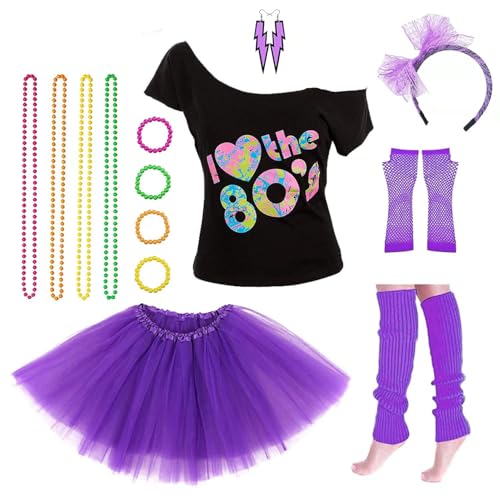 Leadtex Women's 80's Costumes with Accessories Set Purple Tutu Skirt Earrings Necklace Bracelets Fishnet Gloves Legwarmers Headband Small(2-4) … - Image 3