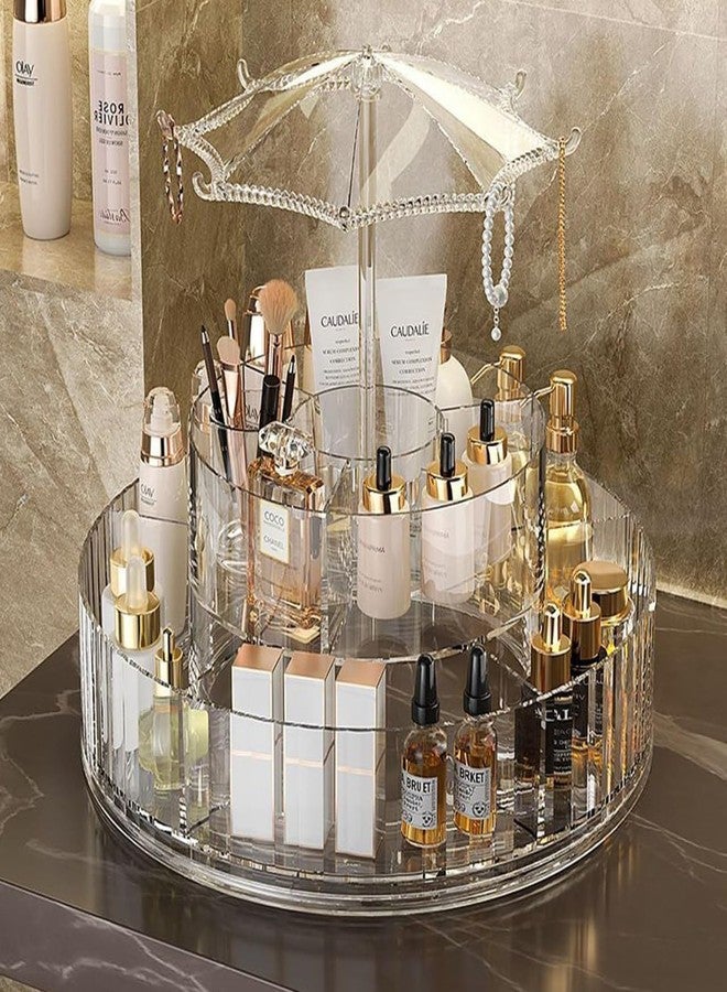 Dangfly 360° Rotating Umbrella Makeup Organizer - 2-Tier Adjustable Skincare Carousel, Large Capacity Cosmetic Rack, Spinning Vanity Holder for Perfumes, Lipsticks & Toiletries, Dust-Proof Cover - Image 2