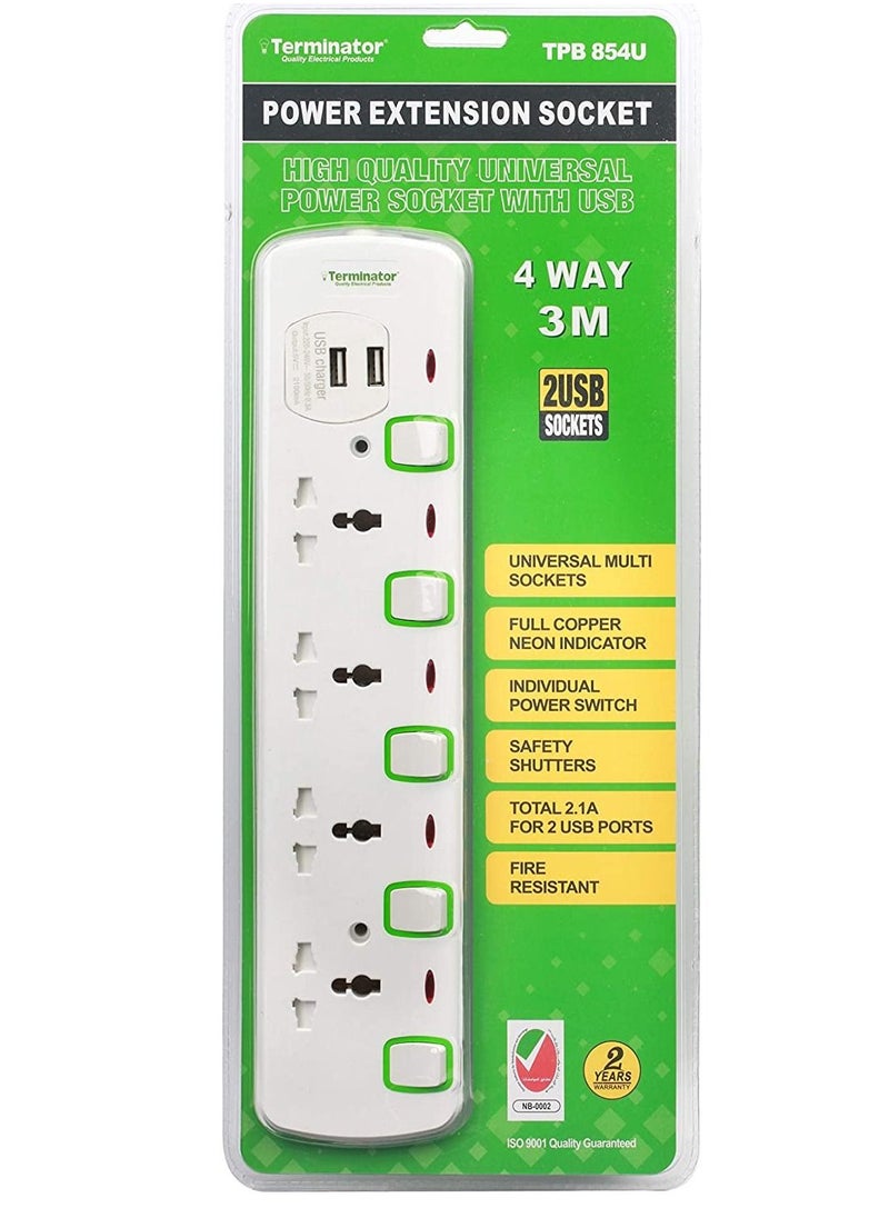 Terminator Terminator H/D 4 Way 3 Meter Universal Power Extension Cord With 2 Usb Port 