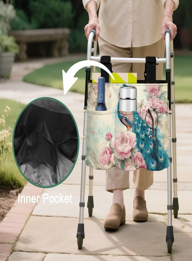 Hechitok Peacock Flower Accessories Bag for Walker, Wheelchair, Rollator for Seniors Folding Walker Basket Large Capacity Walker Caddy Pouch - Image 5