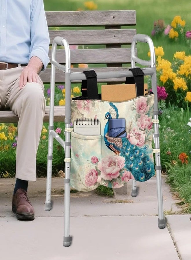 Hechitok Peacock Flower Accessories Bag for Walker, Wheelchair, Rollator for Seniors Folding Walker Basket Large Capacity Walker Caddy Pouch - Image 4
