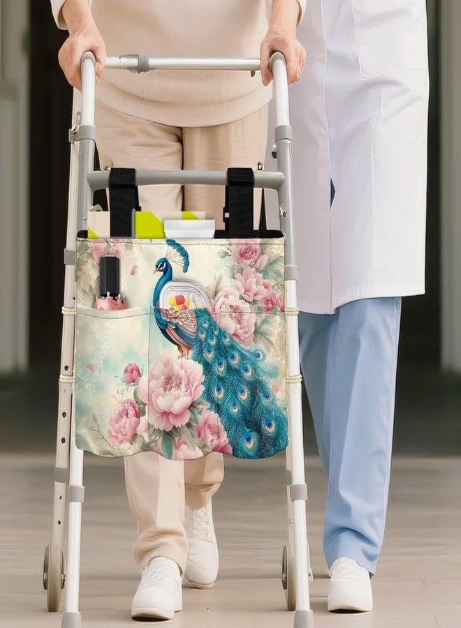 Hechitok Peacock Flower Accessories Bag for Walker, Wheelchair, Rollator for Seniors Folding Walker Basket Large Capacity Walker Caddy Pouch - Image 3