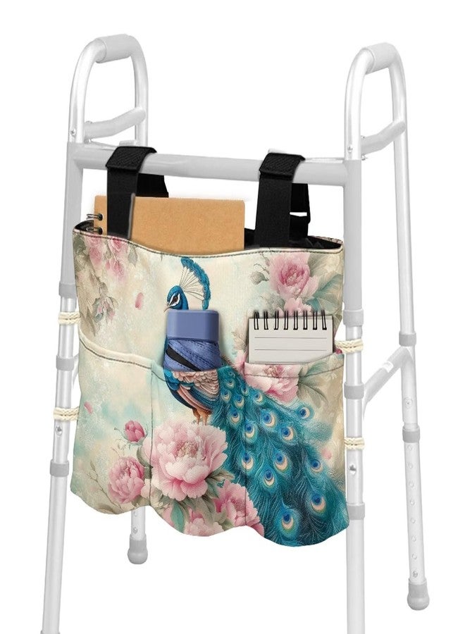 Hechitok Peacock Flower Accessories Bag for Walker, Wheelchair, Rollator for Seniors Folding Walker Basket Large Capacity Walker Caddy Pouch - Image 2