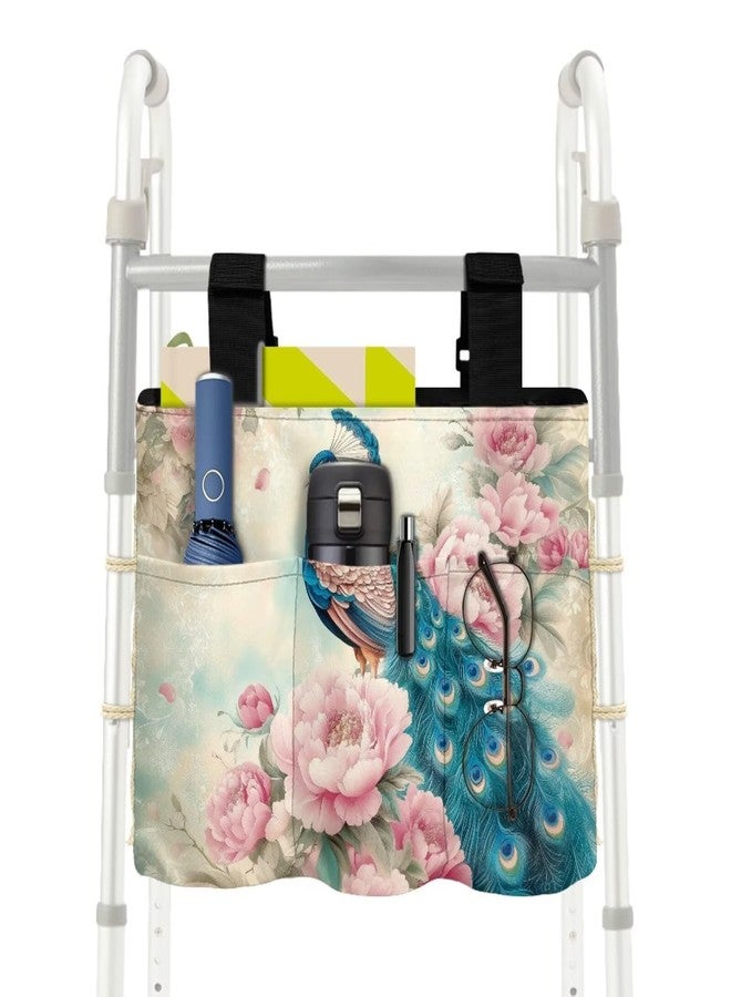 Hechitok Peacock Flower Accessories Bag for Walker, Wheelchair, Rollator for Seniors Folding Walker Basket Large Capacity Walker Caddy Pouch - Image 1