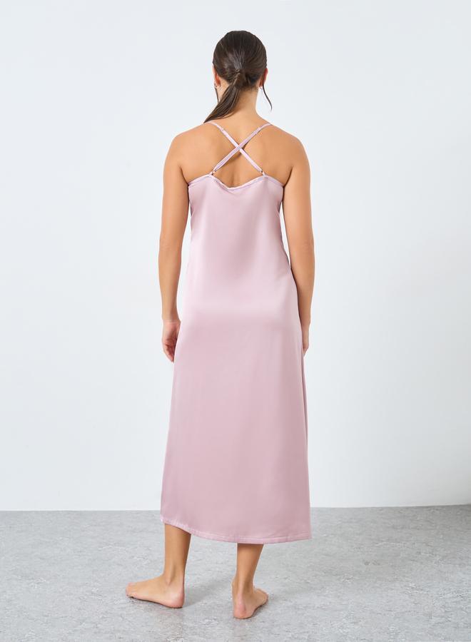 ستايلي فستان ستان بحواف دانتيل وردي - Image 4