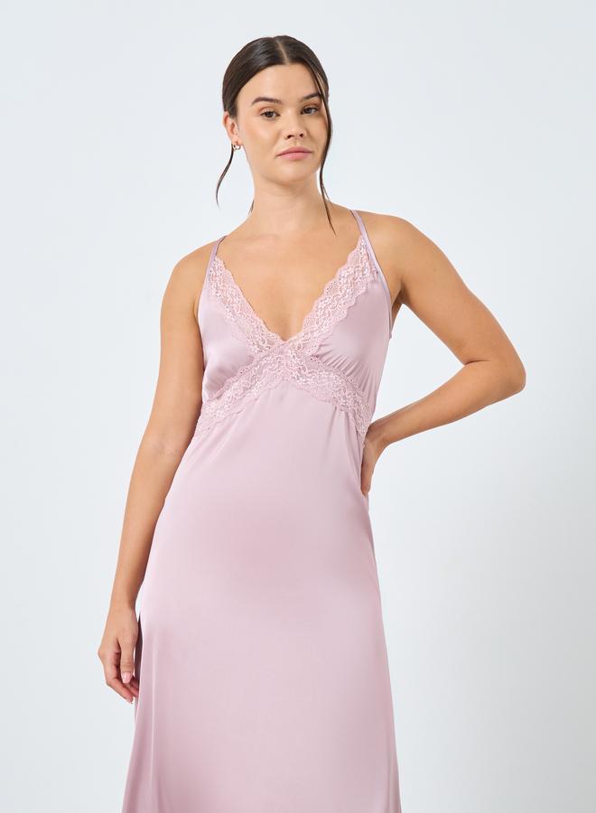 ستايلي فستان ستان بحواف دانتيل وردي - Image 2