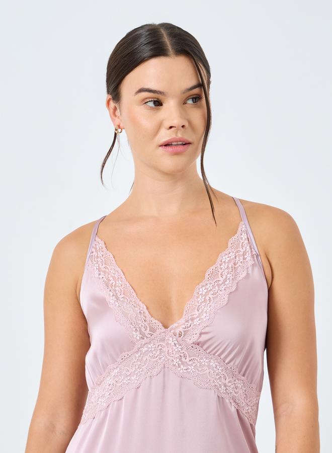 ستايلي فستان ستان بحواف دانتيل وردي - Image 3