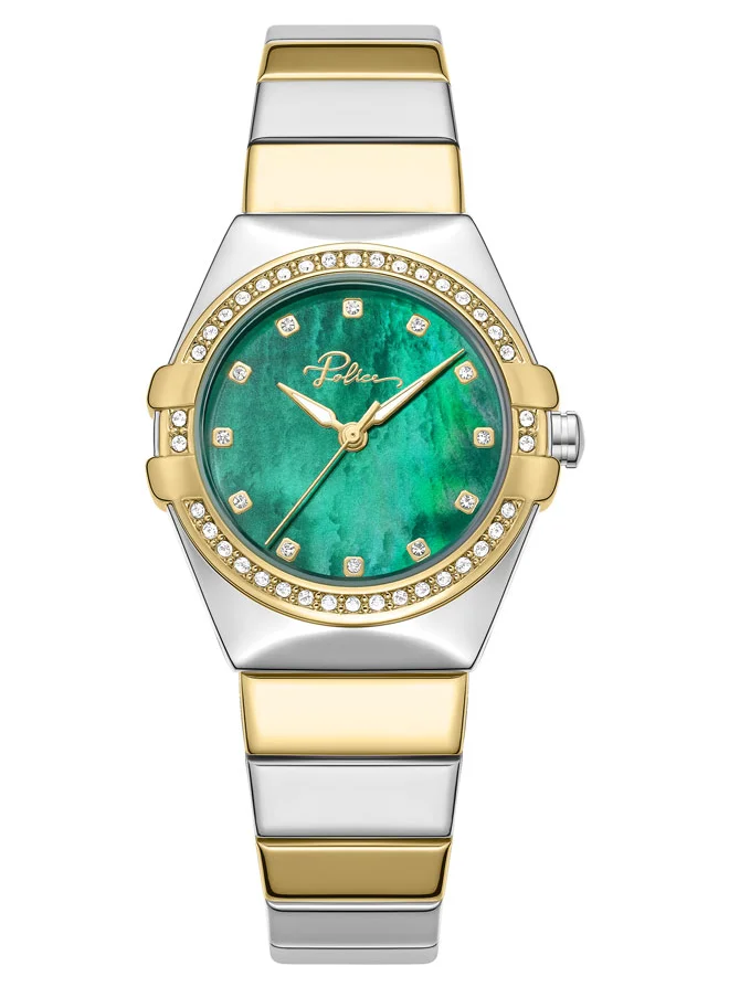 POLICE Cosmos Women’s 39mm Green Mother-of-Pearl Dial Watch with White Stones & Two-Tone 316L Stainless Steel Bracelet