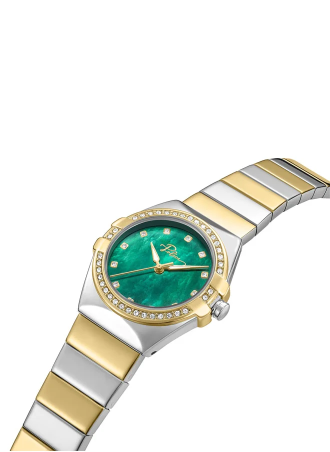 POLICE Cosmos Women’s 39mm Green Mother-of-Pearl Dial Watch with White Stones & Two-Tone 316L Stainless Steel Bracelet