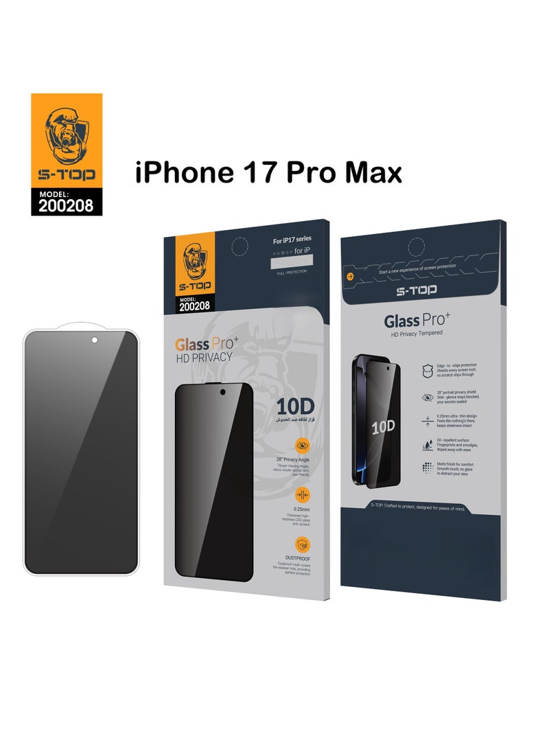 S-TOP Privacy Anti-Spy Glass Pro+ HD Privacy Screen Protector For Apple iPhone 17 pro max Black - Image 1