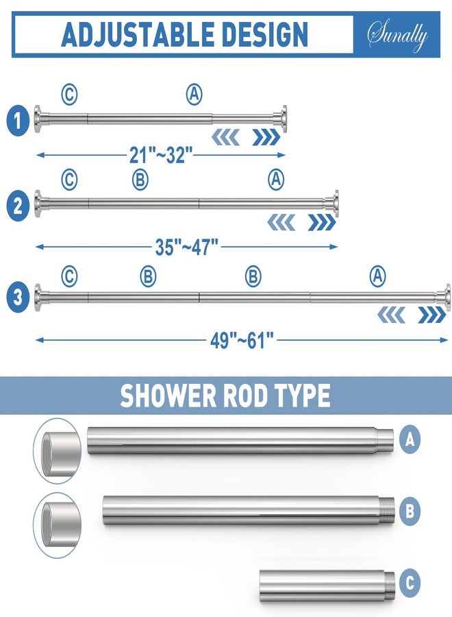 SUNALLY Shower Curtain Rod, Spring Tension Shower Rods Adjustable 32-61 Inch Stainless Steel Telescoping Curtain Rod for Bathroom or Windows, No Drilling, No Slip, No Rust, Chrome - Image 2