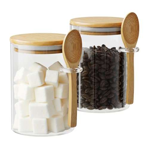 OneDream Glass Sugar Container with Spoon - 2 Pack 15oz Glass Jars with Bamboo Lid and Spoon, Bamboo Lid Storage Jar Canister for Coffee Beans, Spice, Brown Sugar, Tea, Flour, Nuts, Candy, Salts and More - Image 1