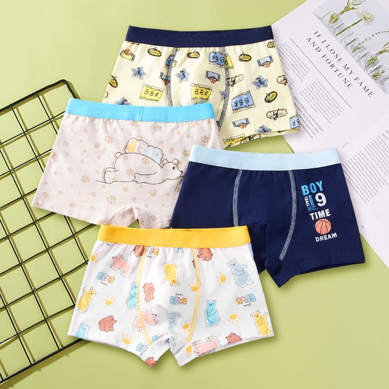 Childrens Underwear Boys Pure Flat Corner Cotton Shorts Students Cartoon Car Boys Boxer Pants DH045 4 Pack 