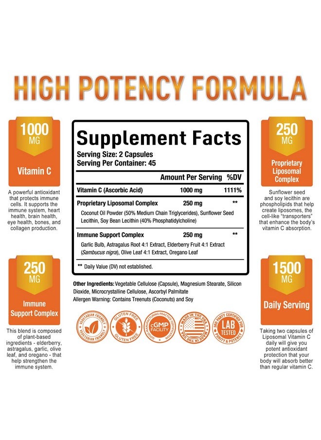 Purely Optimal - Premium Liposomal Vitamin C Supplement High Absorption Fat Soluble Ascorbic Acid Vitamin C 1000Mg For Immune Support Collagen & Immune System Booster Non Gmo 90 Capsules - Image 1