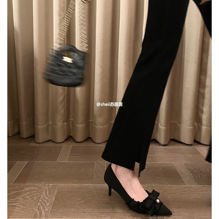 Pointed Bow Pearl Flat Shoes Women'S High-Heeled Wedding Shoes For Commuting - Image 2