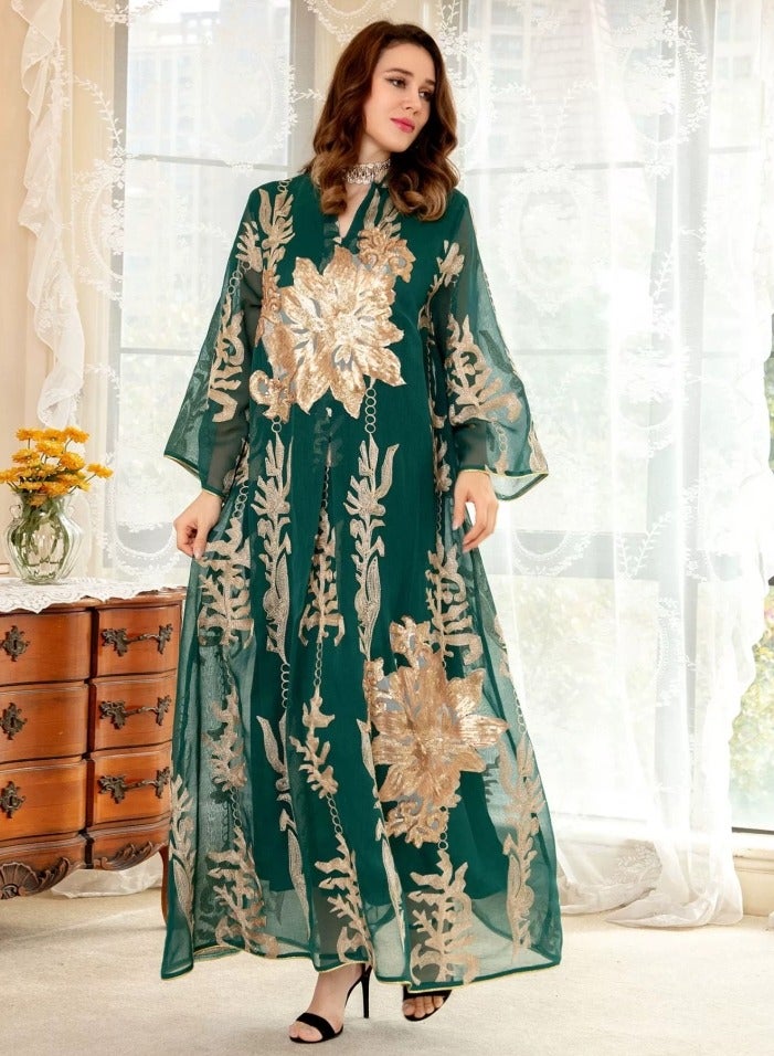Loquat Ladies Mesh Fabric Robe Sequin Embroidered Jacquard Long Dress Muslim Abaya Evening Dress Green  - Image 1