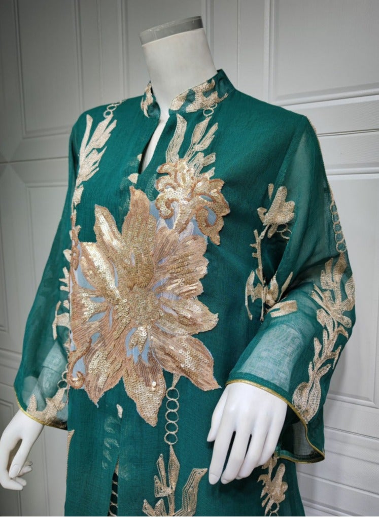 Loquat Ladies Mesh Fabric Robe Sequin Embroidered Jacquard Long Dress Muslim Abaya Evening Dress Green  - Image 3