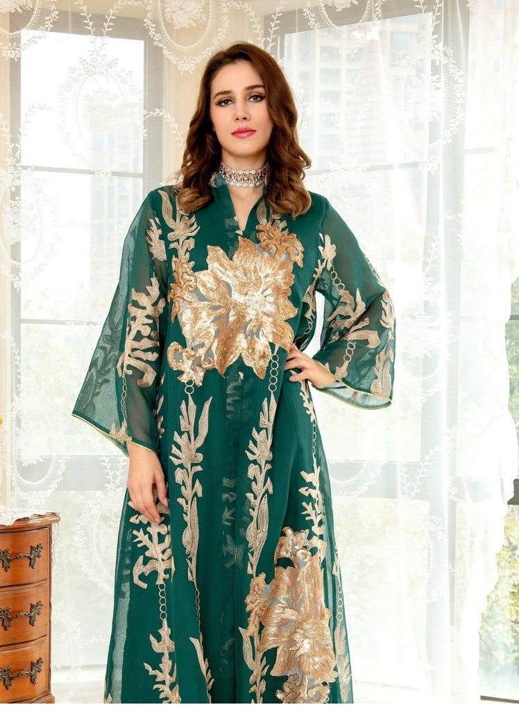 Loquat Ladies Mesh Fabric Robe Sequin Embroidered Jacquard Long Dress Muslim Abaya Evening Dress Green  - Image 2