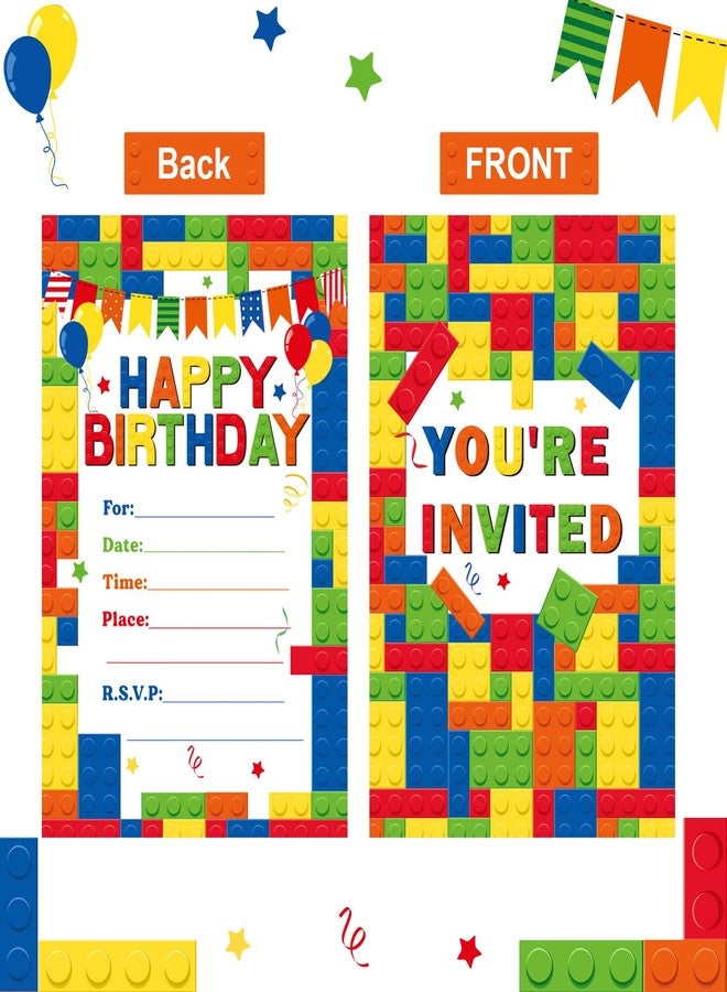 Nezyo 60 Pieces 30 Pack Birthday Party Invitations with Envelopes Bulk Colorful Building Block Party Invitation Kids Stacking Bricks Invite Card Set for Girls Boy Decorations Supplies (Building Block) - Image 3