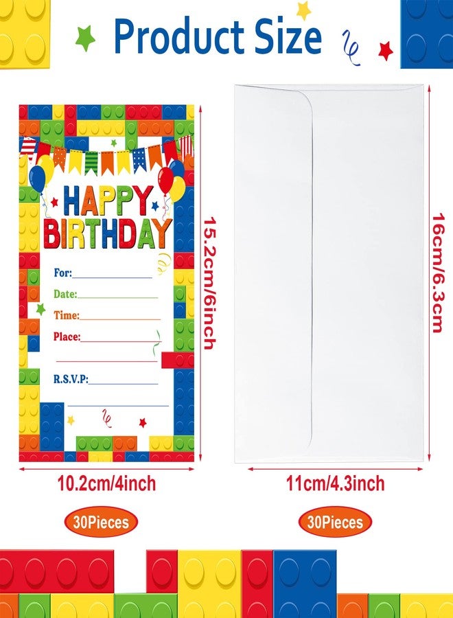 Nezyo 60 Pieces 30 Pack Birthday Party Invitations with Envelopes Bulk Colorful Building Block Party Invitation Kids Stacking Bricks Invite Card Set for Girls Boy Decorations Supplies (Building Block) - Image 2