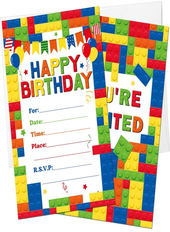 Nezyo 60 Pieces 30 Pack Birthday Party Invitations with Envelopes Bulk Colorful Building Block Party Invitation Kids Stacking Bricks Invite Card Set for Girls Boy Decorations Supplies (Building Block) - Image 1
