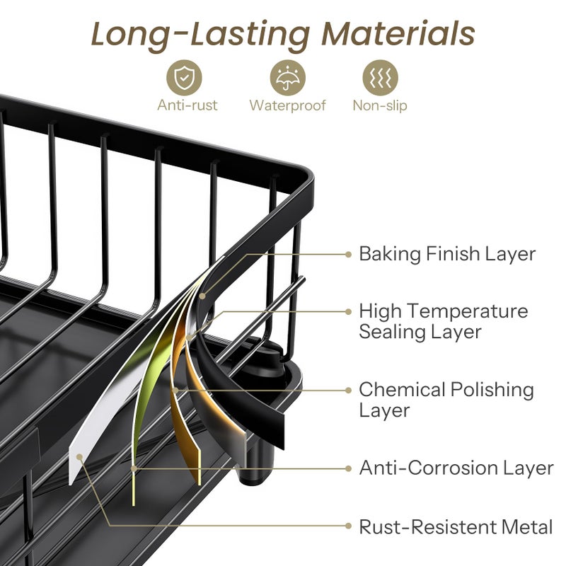 SNTD Dish Drying Rack - Small Dish Rack for Kitchen Counter, Stainless Steel Dish Drainer with Utensil Holder and Drainboard, 11" W x 15" L (Black) - Image 5