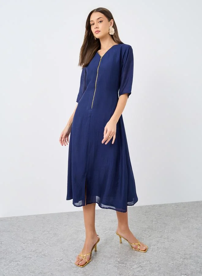 Maxim Creation Maxim Creation V Neck Midi Dress with Zip Closure