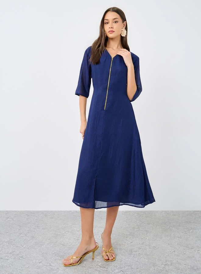 Maxim Creation Maxim Creation V Neck Midi Dress with Zip Closure