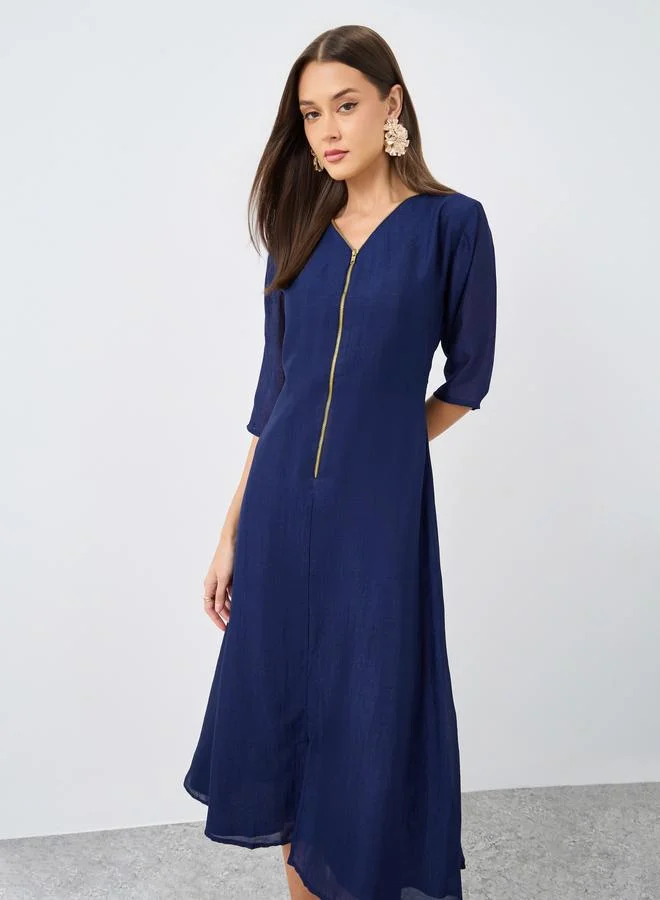 Maxim Creation Maxim Creation V Neck Midi Dress with Zip Closure