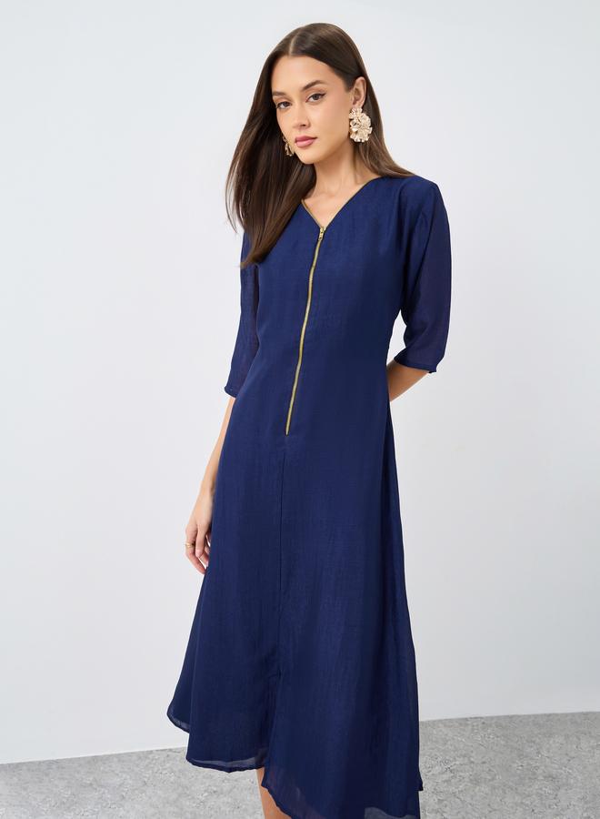 Maxim Creation V Neck Midi Dress with Zip Closure - Image 1