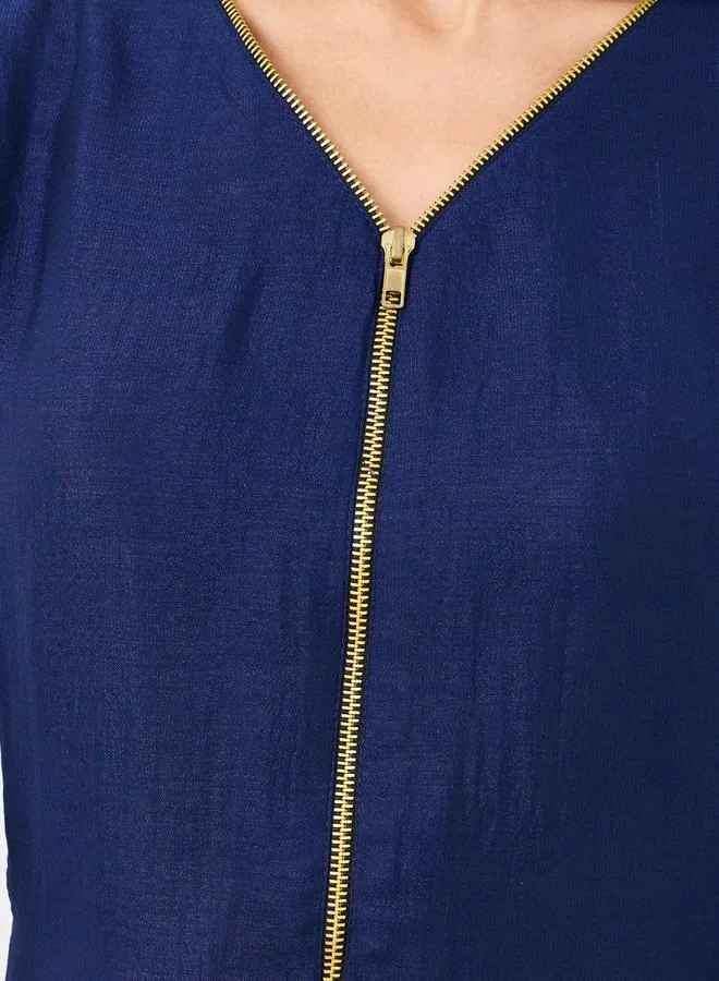 Maxim Creation Maxim Creation V Neck Midi Dress with Zip Closure