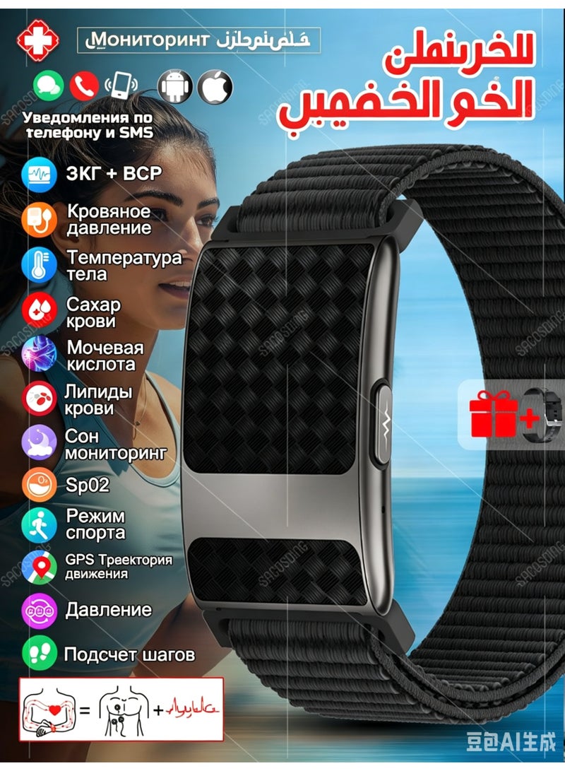 سوار ذكي لتتبع اللياقة البدنية والصحة بدون شاشة للرجال والنساء مع تخطيط القلب، معدل ضربات القلب على مدار الساعة، ضغط الدم، النوم، HRV، SpO2 وعداد الخطوات - Image 1