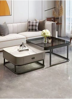 fashionhome Set of 2 Marble and Glass Coffee Tables with Metal Frame Square Coffee Tables with Storage Space Modern Design Easy Assembly for Living Room Office 70x70x45 And 60x60x38 cm  - Image 1