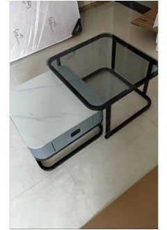 fashionhome Set of 2 Marble and Glass Coffee Tables with Metal Frame Square Coffee Tables with Storage Space Modern Design Easy Assembly for Living Room Office 70x70x45 And 60x60x38 cm  - Image 3