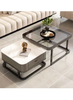 fashionhome Set of 2 Marble and Glass Coffee Tables with Metal Frame Square Coffee Tables with Storage Space Modern Design Easy Assembly for Living Room Office 70x70x45 And 60x60x38 cm  - Image 4