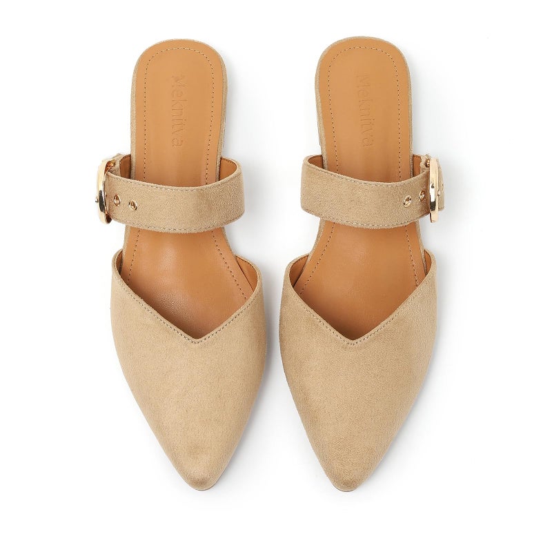 Meknitva Pointed Toe Mules for Women,Adjustable Strap Backless Loafers in Synthetic Suede, Dressy Casual Slip-On Flats Beige,7.5 - Image 1