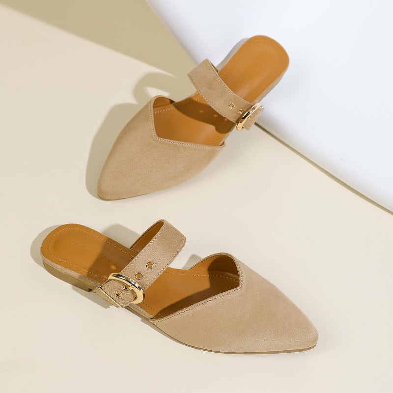 Meknitva Pointed Toe Mules for Women,Adjustable Strap Backless Loafers in Synthetic Suede, Dressy Casual Slip-On Flats Beige,7.5 - Image 4