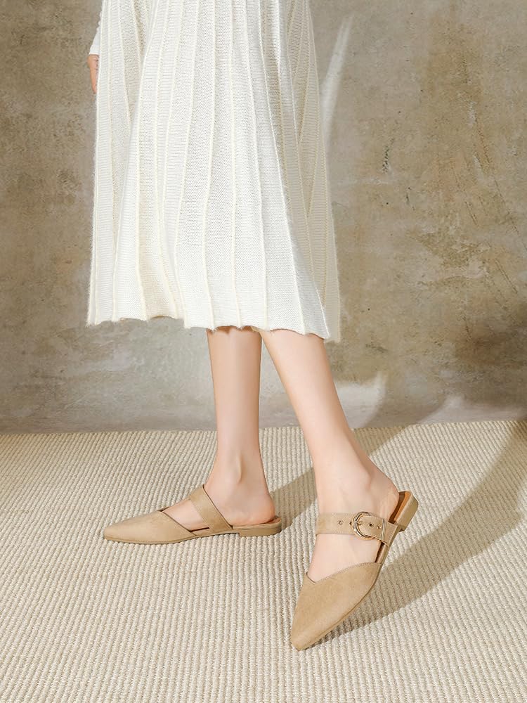 Meknitva Pointed Toe Mules for Women,Adjustable Strap Backless Loafers in Synthetic Suede, Dressy Casual Slip-On Flats Beige,7.5 - Image 3