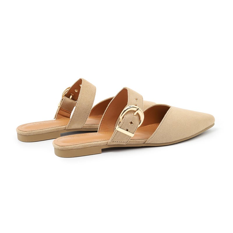 Meknitva Pointed Toe Mules for Women,Adjustable Strap Backless Loafers in Synthetic Suede, Dressy Casual Slip-On Flats Beige,7.5 - Image 5