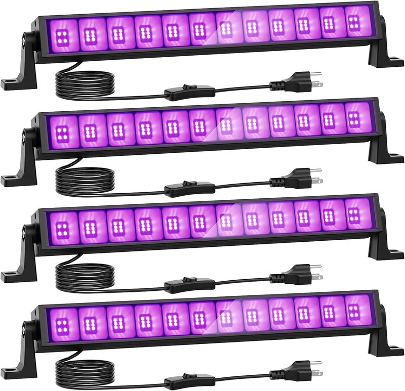 Onforu 4 عبوات من أضواء LED سوداء بقوة 42 واط، قضبان ضوء أسود مع قابس ومفتاح، مستلزمات حفلات تتلألأ في الظلام لتزيين الهالوين، غرفة النوم، طلاء الجسم، إضاءة المسرح، ملصق، أسود - Image 1