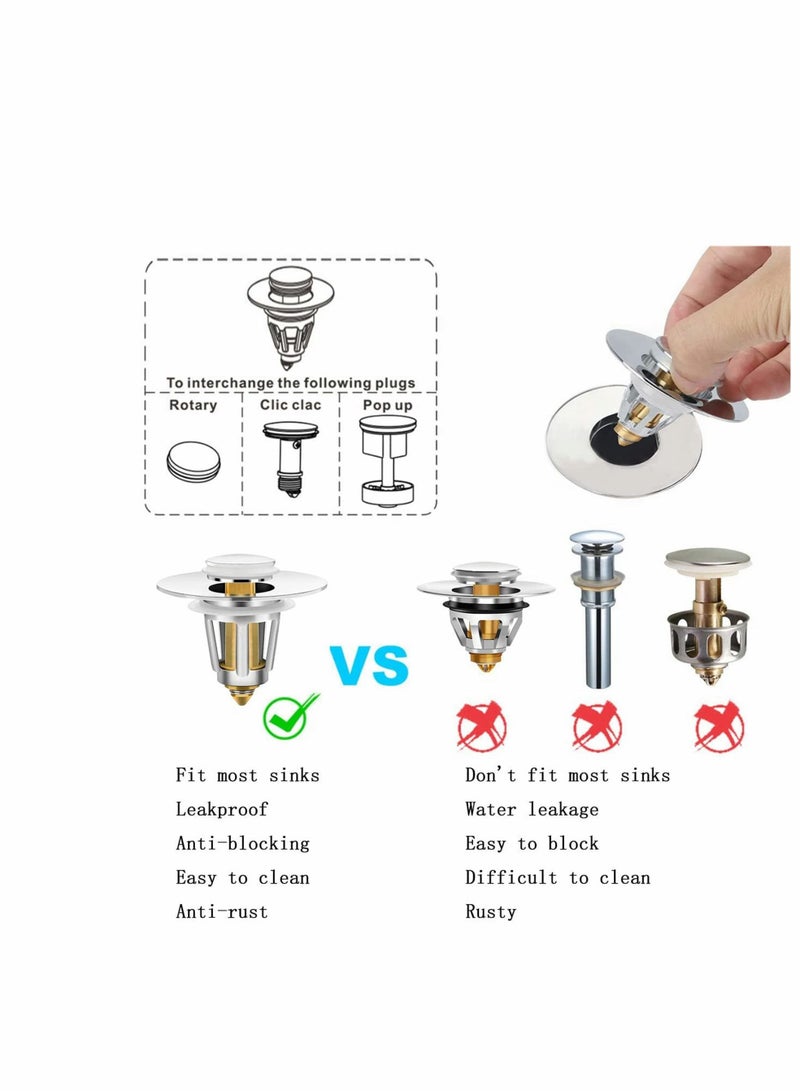 Bathroom Sink Stopper, Pop Up Universal Wash Basin Drain Filter Bathroom Sink Drain Plug with Basket Sink Drain Strainer Anti-Clogging, 2 Pack