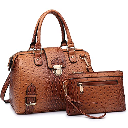 Dasein Women Barrel Handbags Fashion Satchel Bags Top Handle Shoulder Purses Vegan Leather Work Tote (Ostrich Brown) - Image 1