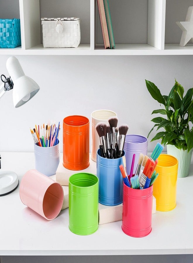 Tlence 9 Pack Metal Pen Holder, Desktop Colored Pencil Cup, Multifunctional Makeup Brush Organizer, Stationary Supplies Container Pail Bucket for Office School Classroom Crafts, 3.5 x 4.5 Inch - Image 4