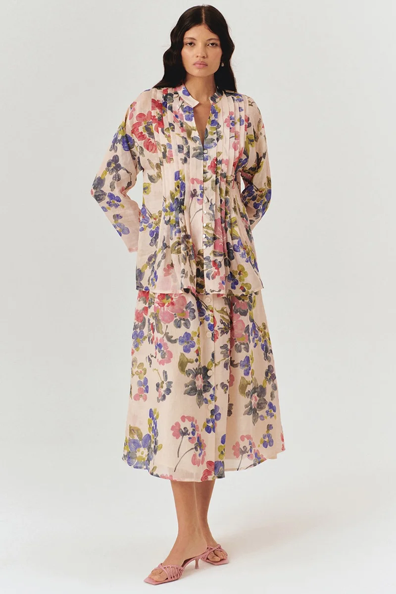 EXQUISE Collarless Relaxed Fit Floral Pattern Blouse