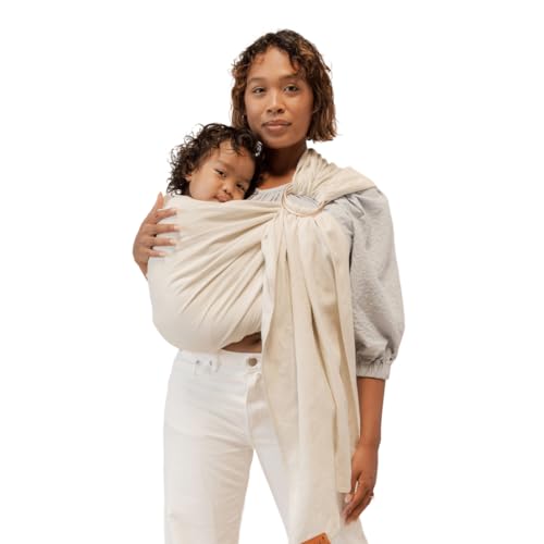 WildBird - Ring Sling Baby Carrier - 0-36 Months (up to 35 lbs) - Standard (74") Sparrow & Rose Gold Ring - Front, Hip or Back Carry - Adjustable Fit - Natural Linen - Baby Essentials - New Mom Gifts - Image 1