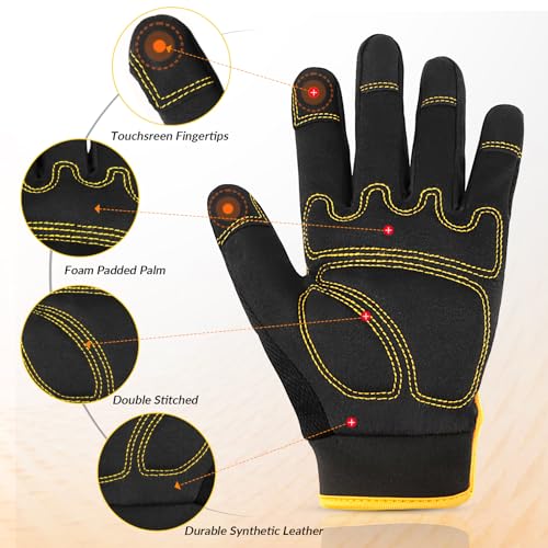 JUMPHIGH Safety Work Gloves 2 Pairs, Men's Utility Mechanic Working Gloves for Gardening Construction, Touchscreen Compatible, Flexible Breathable Fit, Knuckles & Palm (M) - Image 2
