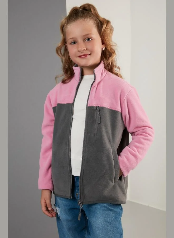 ليلا ليلا سويت شيرت قطبي بياقة واقفة وجيوب بسحاب وتصميم كتل ألوان للأطفال للجنسين