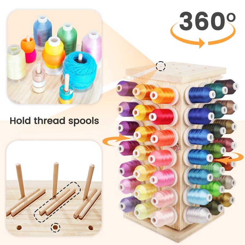 New brothread 93 Spools (DIY) 360Â° Fully Rotating Wooden Thread Rack/Thread Holder Organizer with Inner Storage Compartments for Sewing, Quilting, Embroidery, Hair-braiding and Jewelry - Image 3